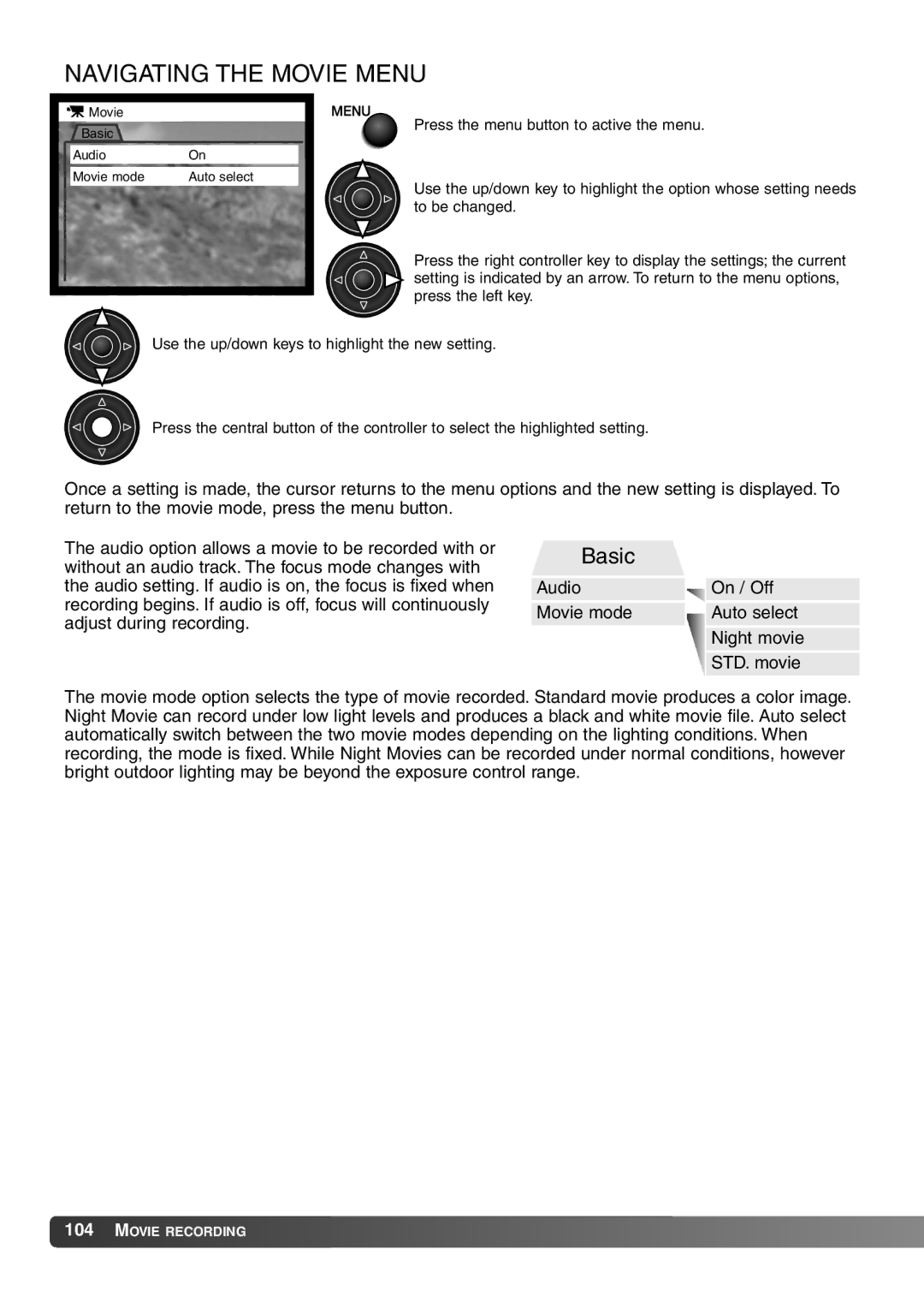 Konica Minolta 7Hi instruction manual Navigating the Movie Menu 