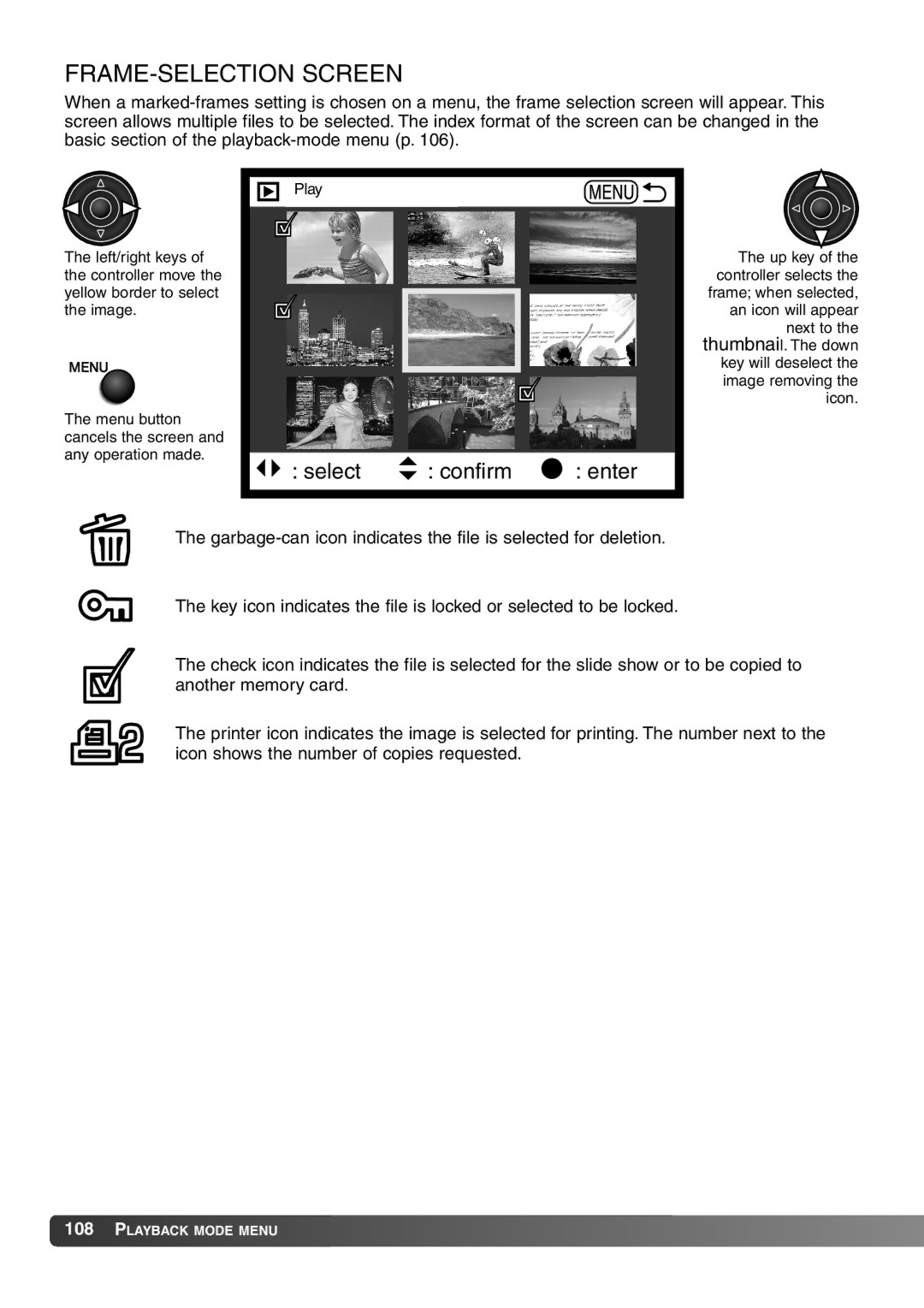 Konica Minolta 7Hi instruction manual FRAME-SELECTION Screen, Select Confirm Enter 