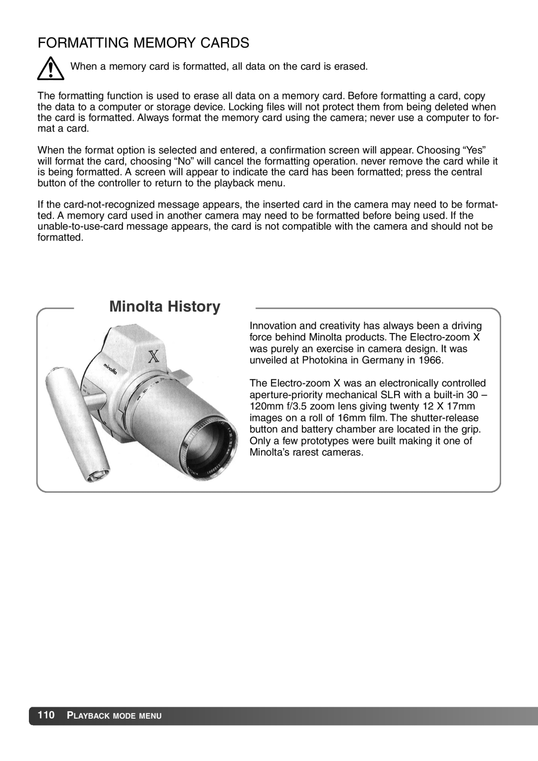 Konica Minolta 7Hi instruction manual Minolta History, Formatting Memory Cards 