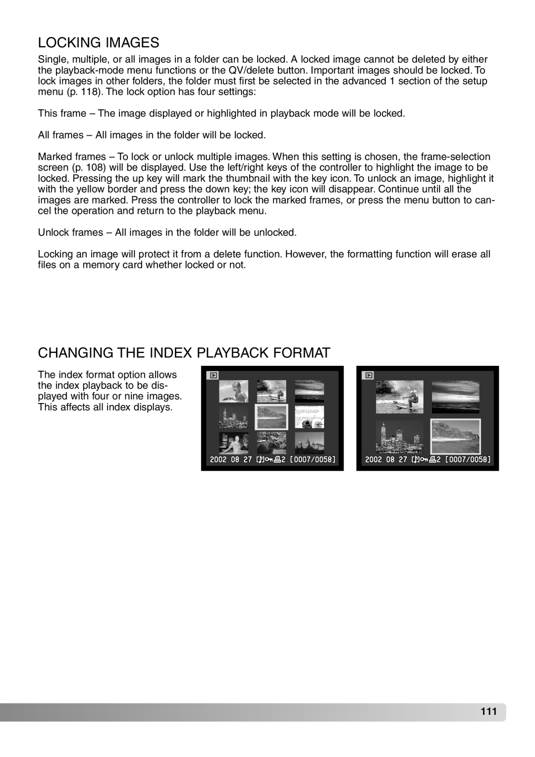 Konica Minolta 7Hi instruction manual Locking Images, Changing the Index Playback Format 