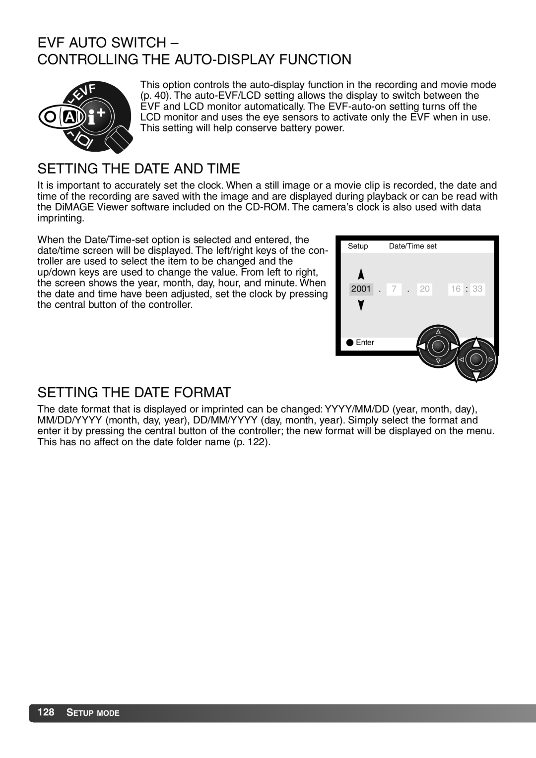 Konica Minolta 7Hi instruction manual EVF Auto Switch Controlling the AUTO-DISPLAY Function, Setting the Date Format 