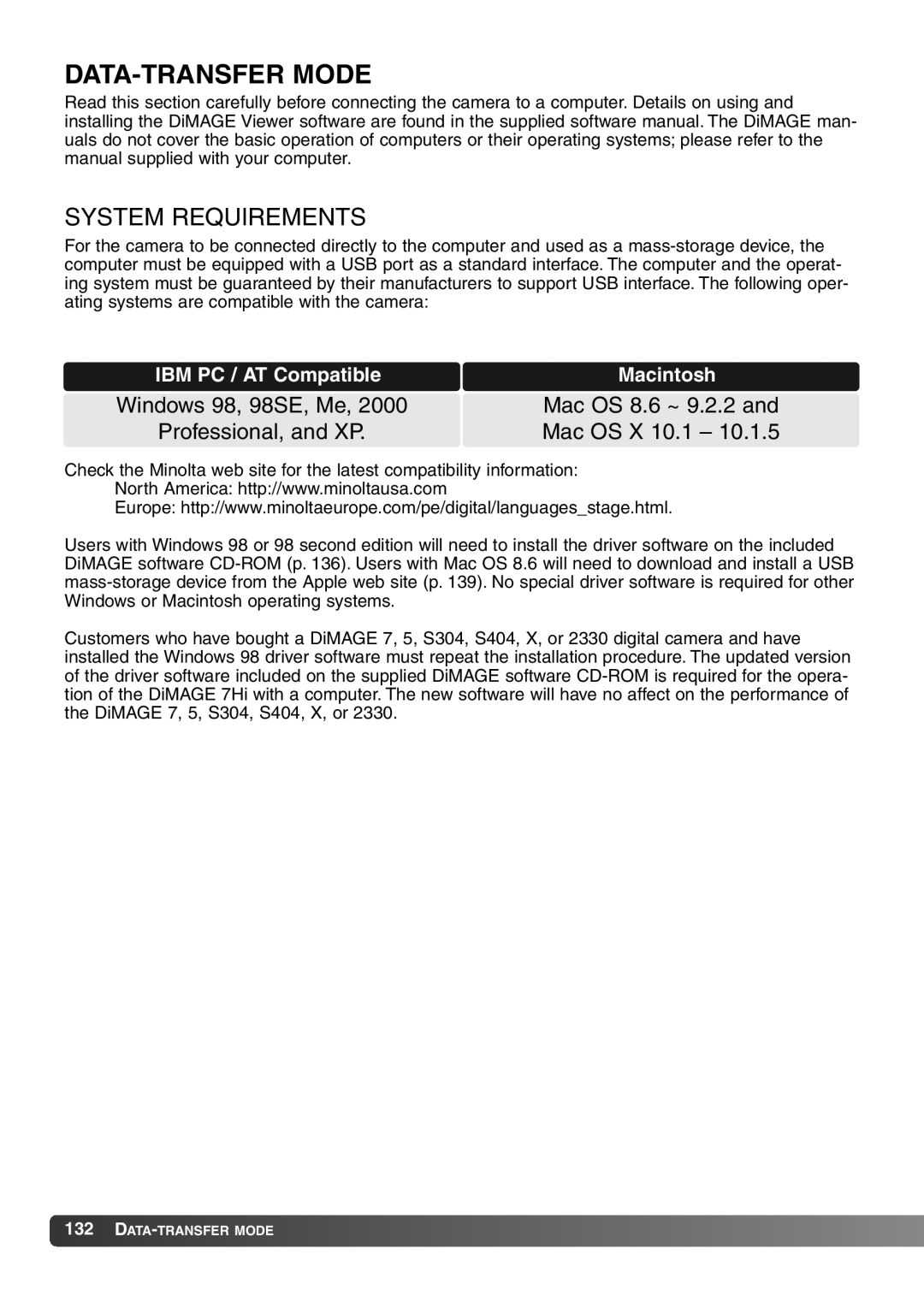 Konica Minolta 7Hi instruction manual DATA-TRANSFER Mode, System Requirements 