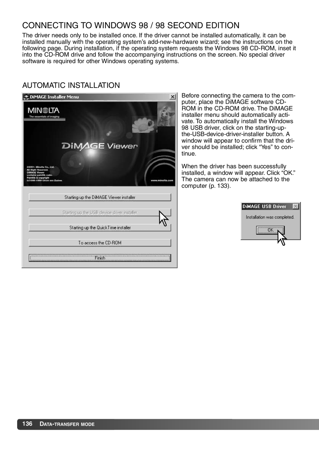 Konica Minolta 7Hi instruction manual Connecting to Windows 98 / 98 Second Edition, Automatic Installation 