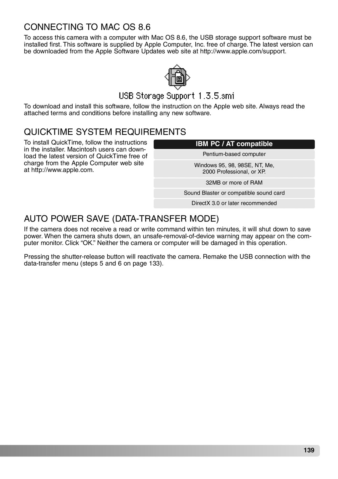 Konica Minolta 7Hi Connecting to MAC OS, Quicktime System Requirements, Auto Power Save DATA-TRANSFER Mode 