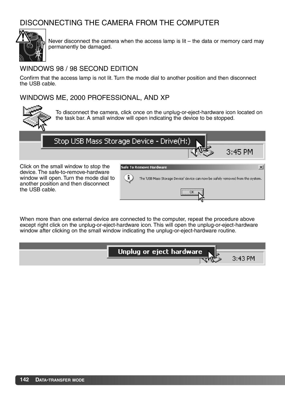 Konica Minolta 7Hi instruction manual Disconnecting the Camera from the Computer, Windows 98 / 98 Second Edition 