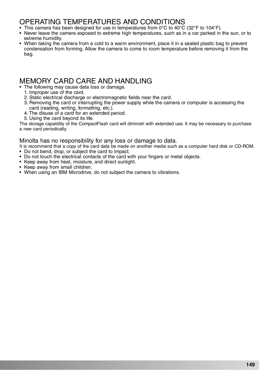 Konica Minolta 7Hi instruction manual Operating Temperatures and Conditions, Memory Card Care and Handling 