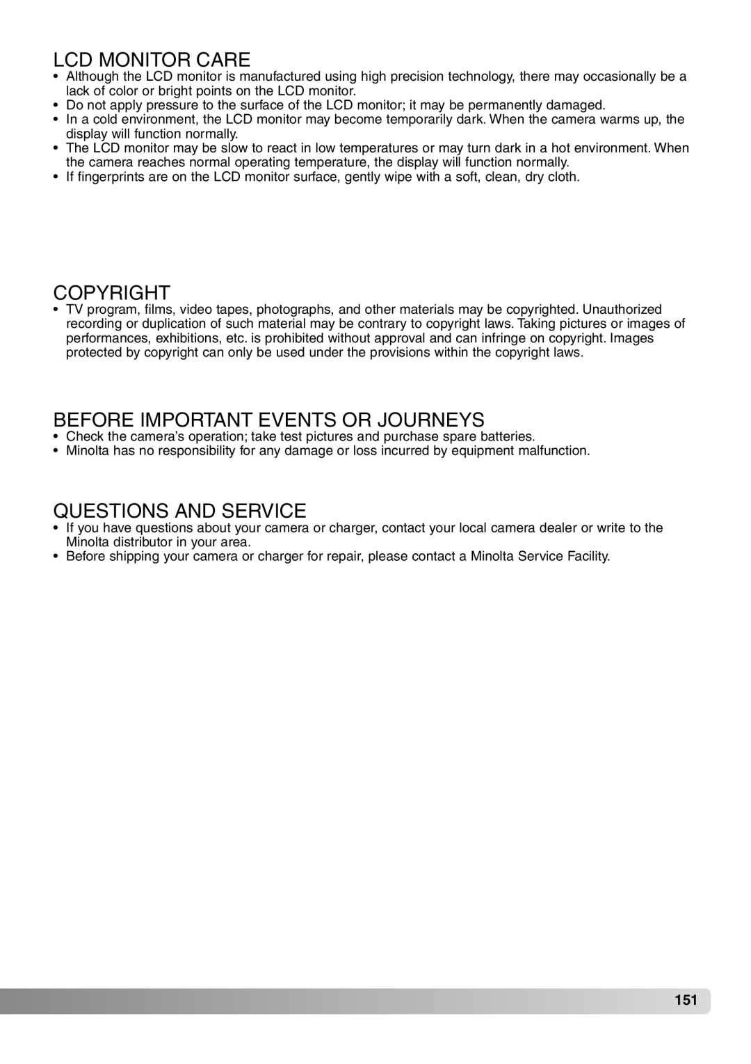 Konica Minolta 7Hi LCD Monitor Care, Copyright, Before Important Events or Journeys, Questions and Service 