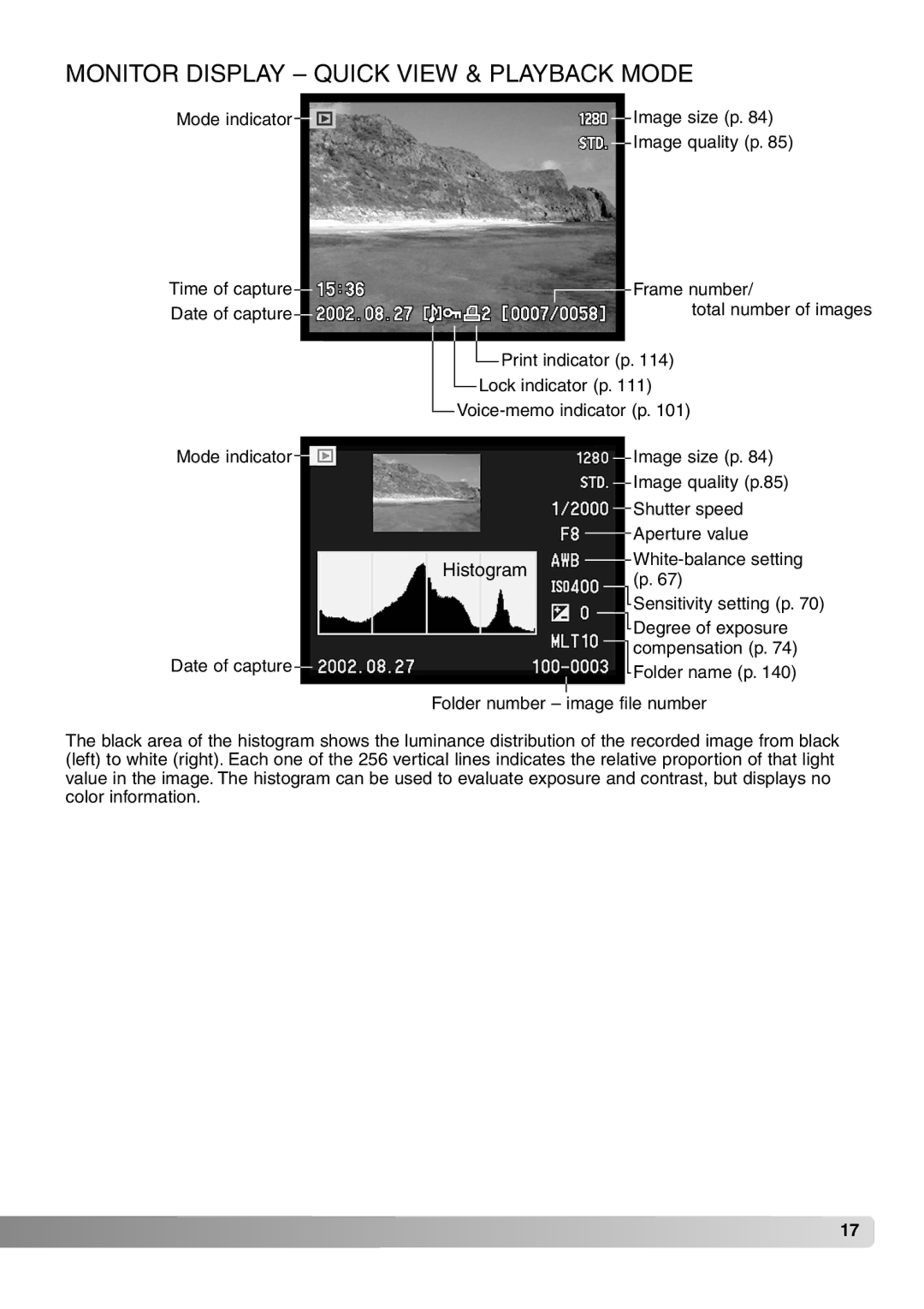 Konica Minolta 7Hi instruction manual Monitor Display Quick View & Playback Mode 