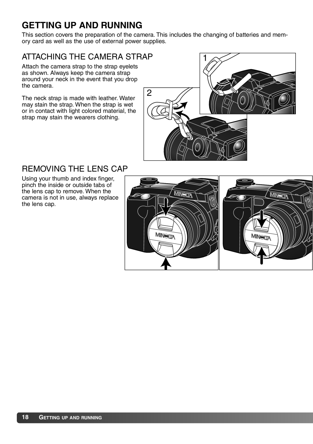 Konica Minolta 7Hi instruction manual Getting UP and Running, Attaching the Camera Strap, Removing the Lens CAP 