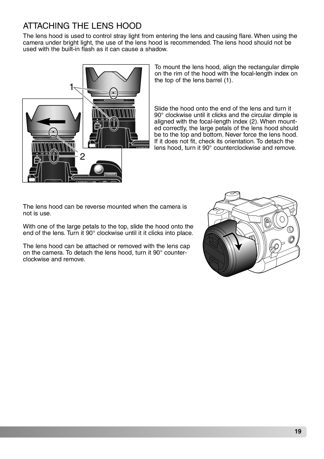 Konica Minolta 7Hi instruction manual Attaching the Lens Hood 