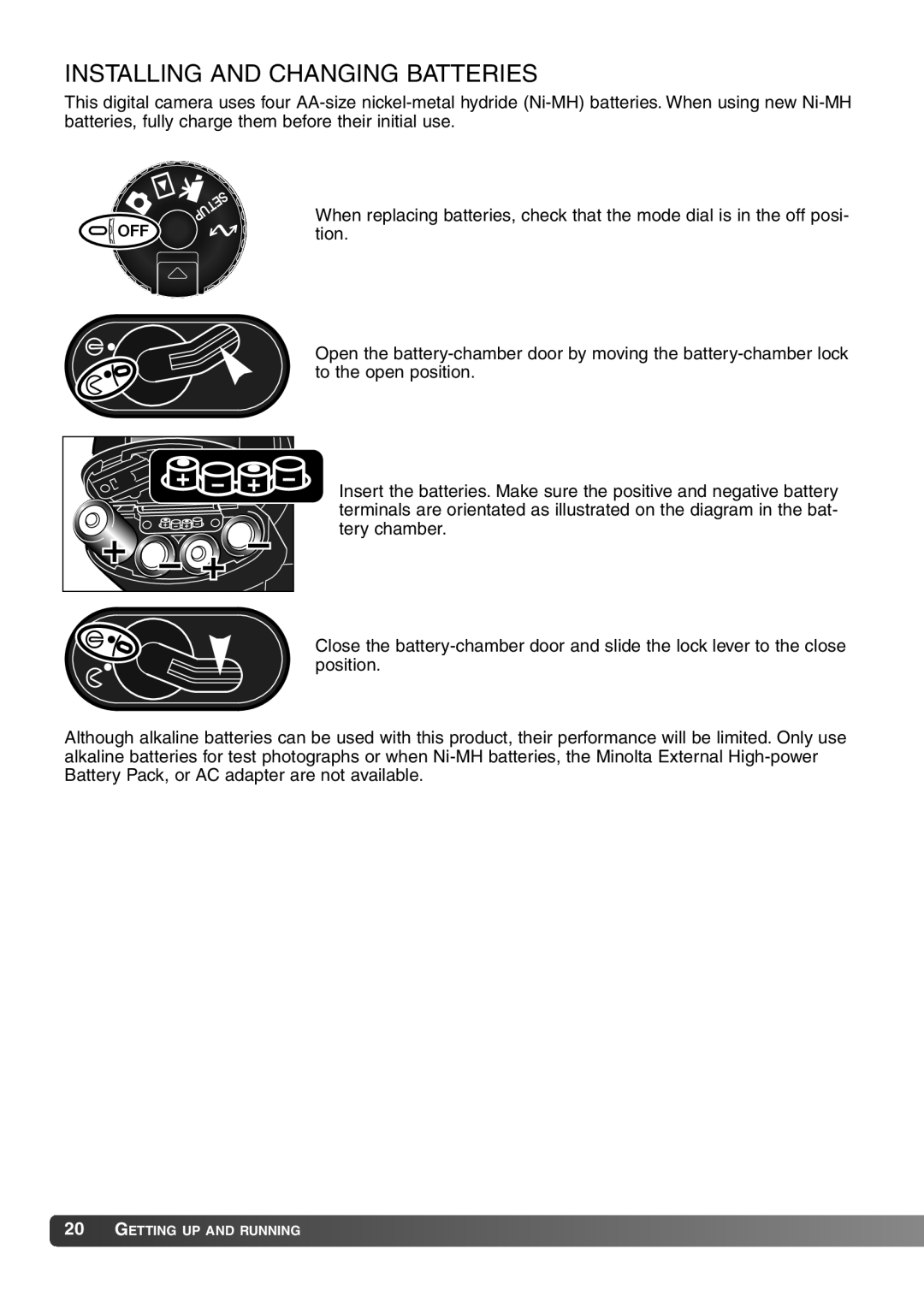 Konica Minolta 7Hi instruction manual Installing and Changing Batteries 