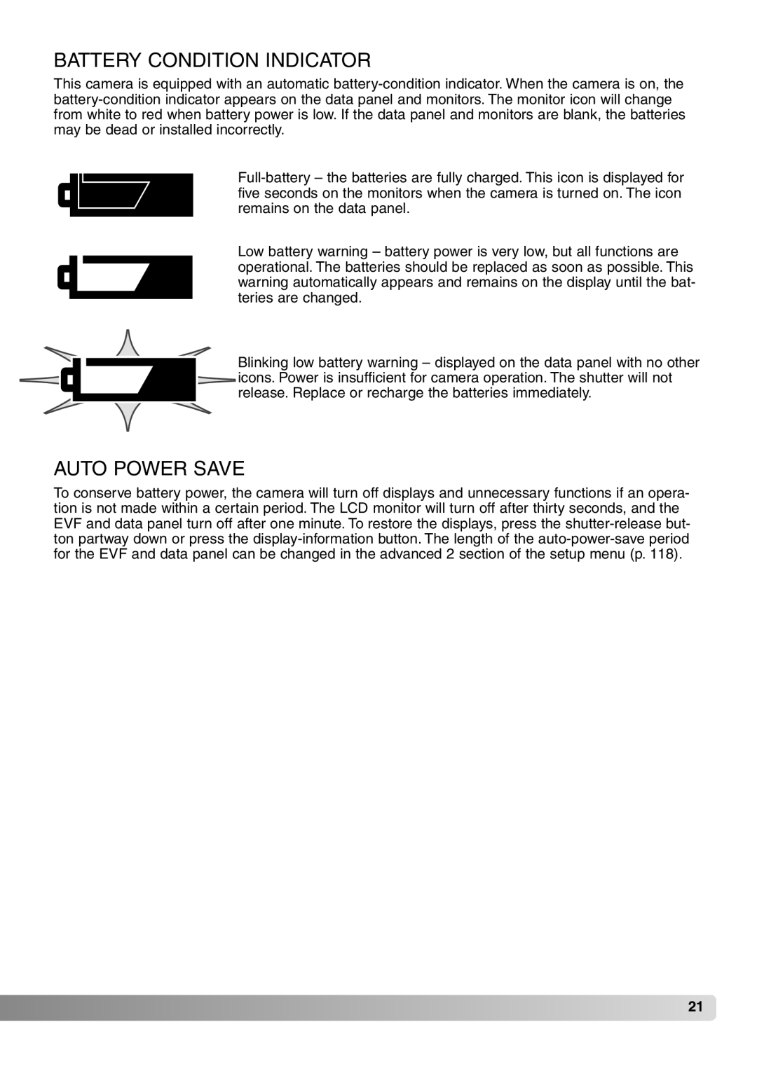 Konica Minolta 7Hi instruction manual Battery Condition Indicator, Auto Power Save 