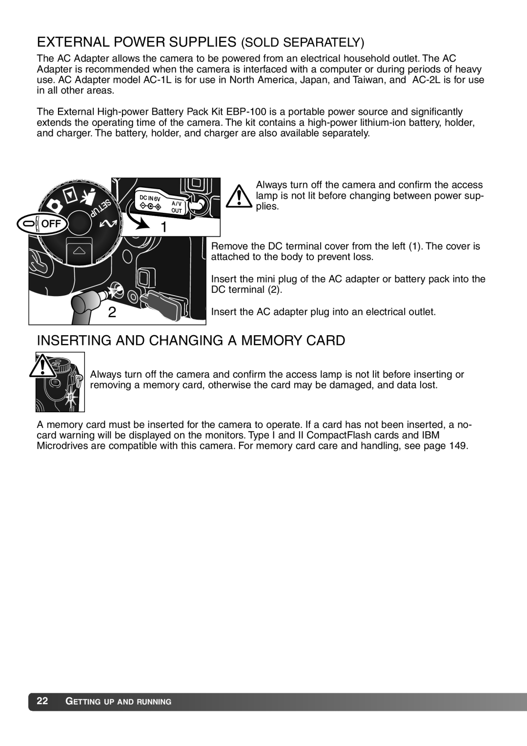 Konica Minolta 7Hi instruction manual External Power Supplies Sold Separately, Inserting and Changing a Memory Card 