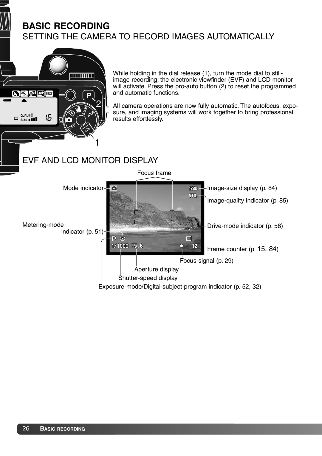 Konica Minolta 7Hi Basic Recording, Setting the Camera to Record Images Automatically, EVF and LCD Monitor Display 