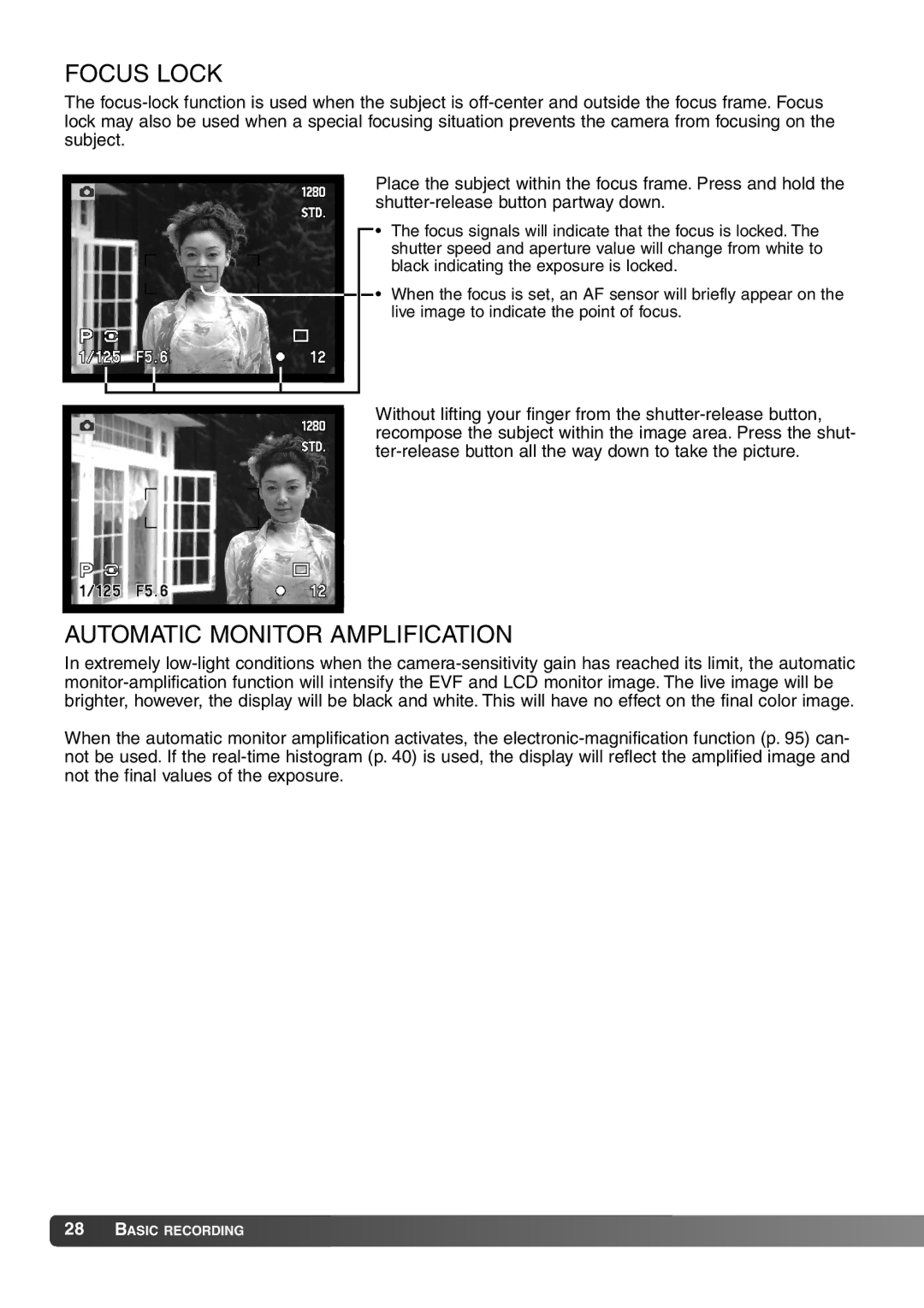 Konica Minolta 7Hi instruction manual Focus Lock, Automatic Monitor Amplification 