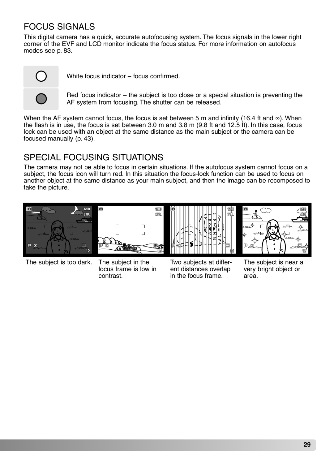 Konica Minolta 7Hi instruction manual Focus Signals, Special Focusing Situations 