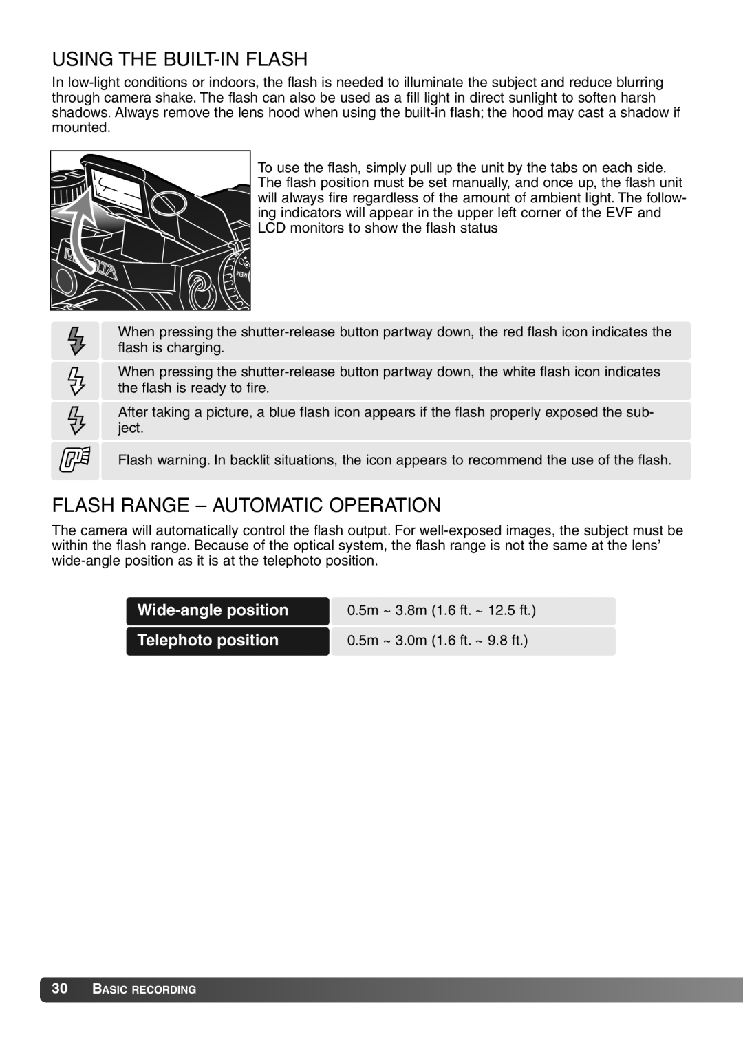 Konica Minolta 7Hi instruction manual Using the BUILT-IN Flash, Flash Range Automatic Operation 