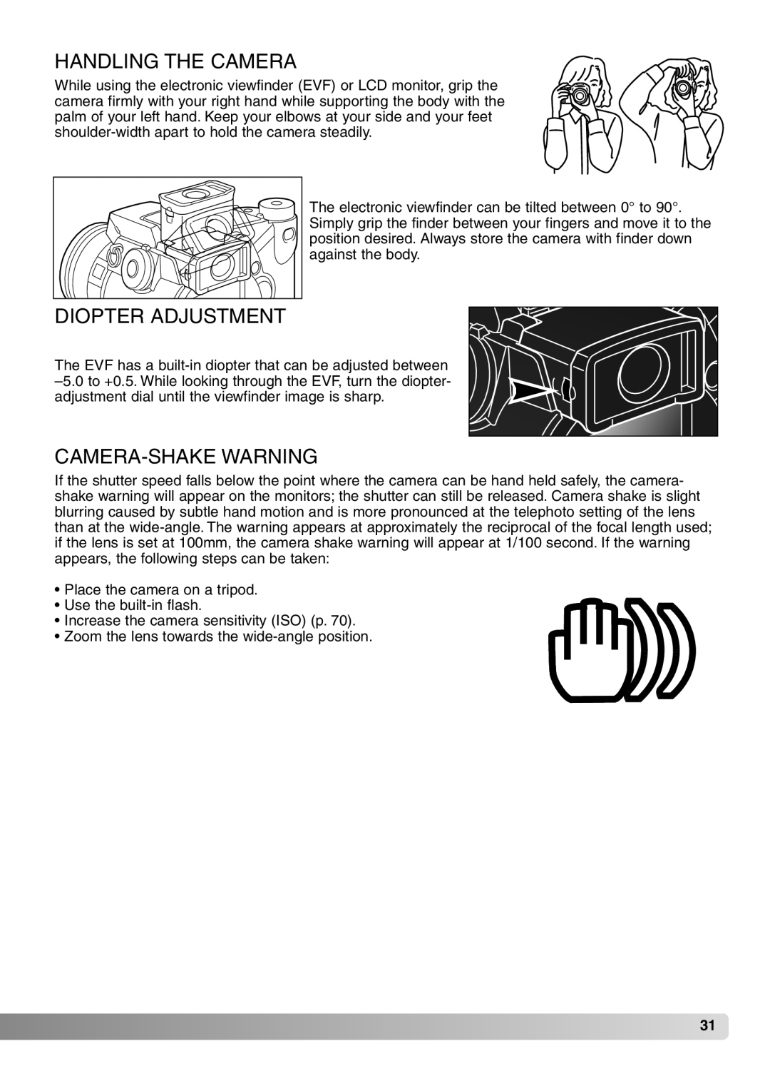 Konica Minolta 7Hi instruction manual Handling the Camera, Diopter Adjustment, CAMERA-SHAKE Warning 