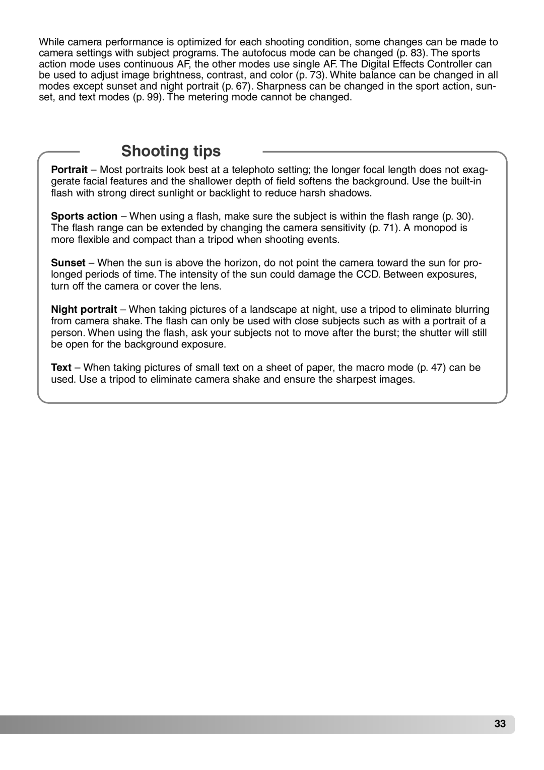 Konica Minolta 7Hi instruction manual Shooting tips 