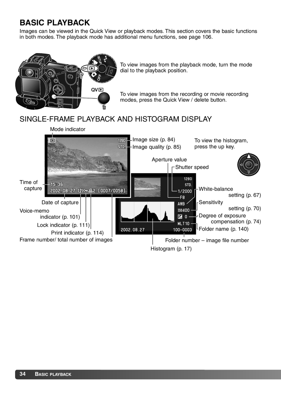 Konica Minolta 7Hi instruction manual Basic Playback, SINGLE-FRAME Playback and Histogram Display 