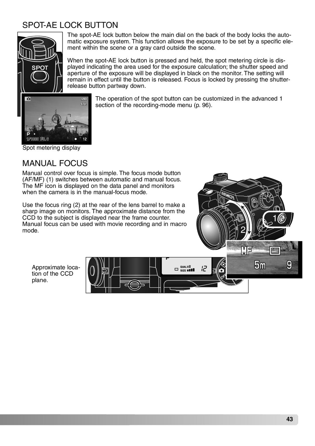 Konica Minolta 7Hi instruction manual SPOT-AE Lock Button, Manual Focus 