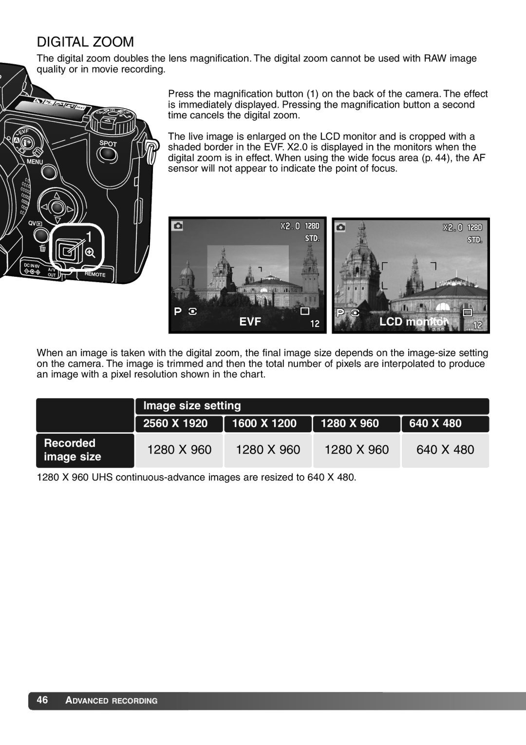 Konica Minolta 7Hi instruction manual Digital Zoom, Evf 
