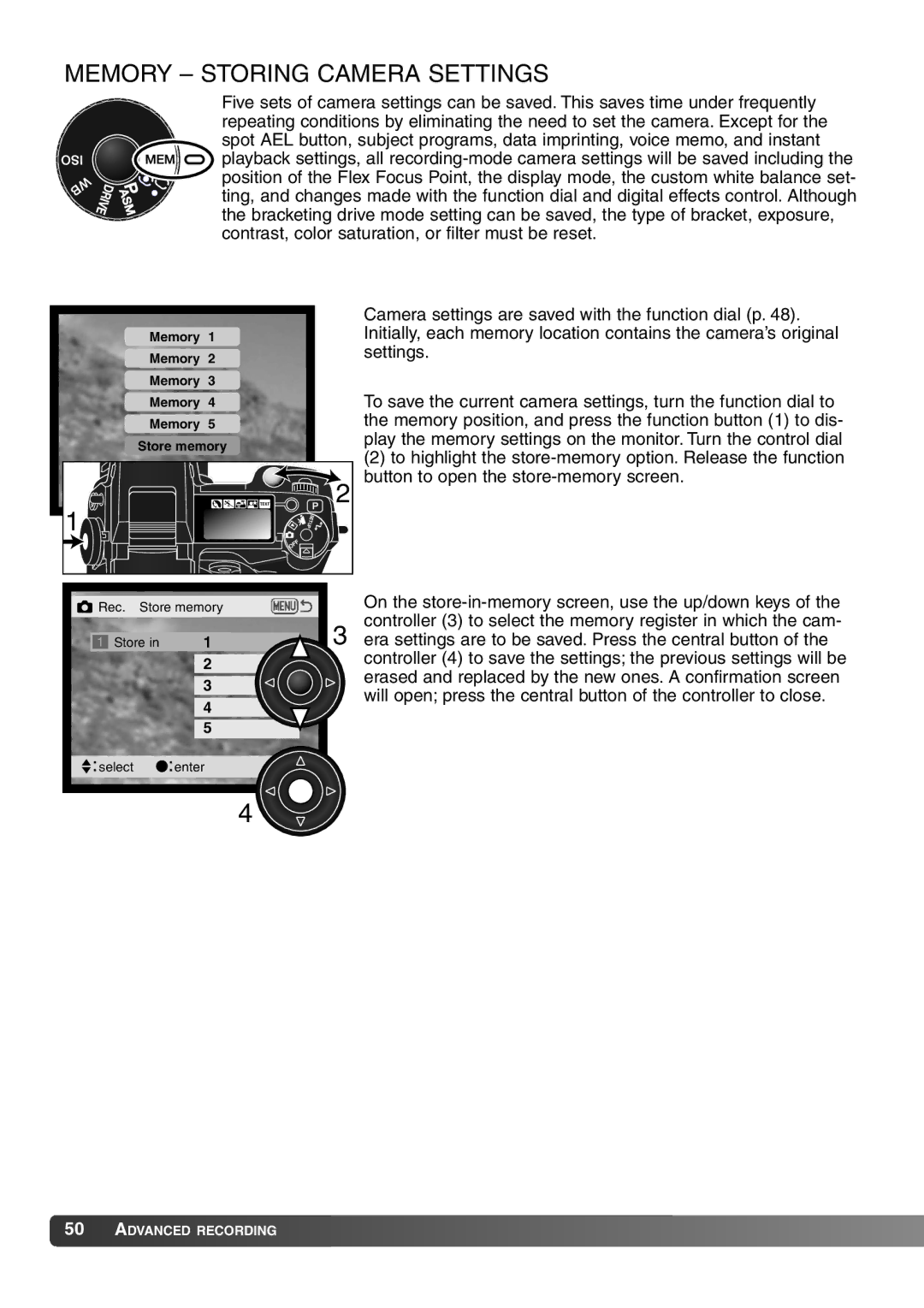 Konica Minolta 7Hi instruction manual Memory Storing Camera Settings 