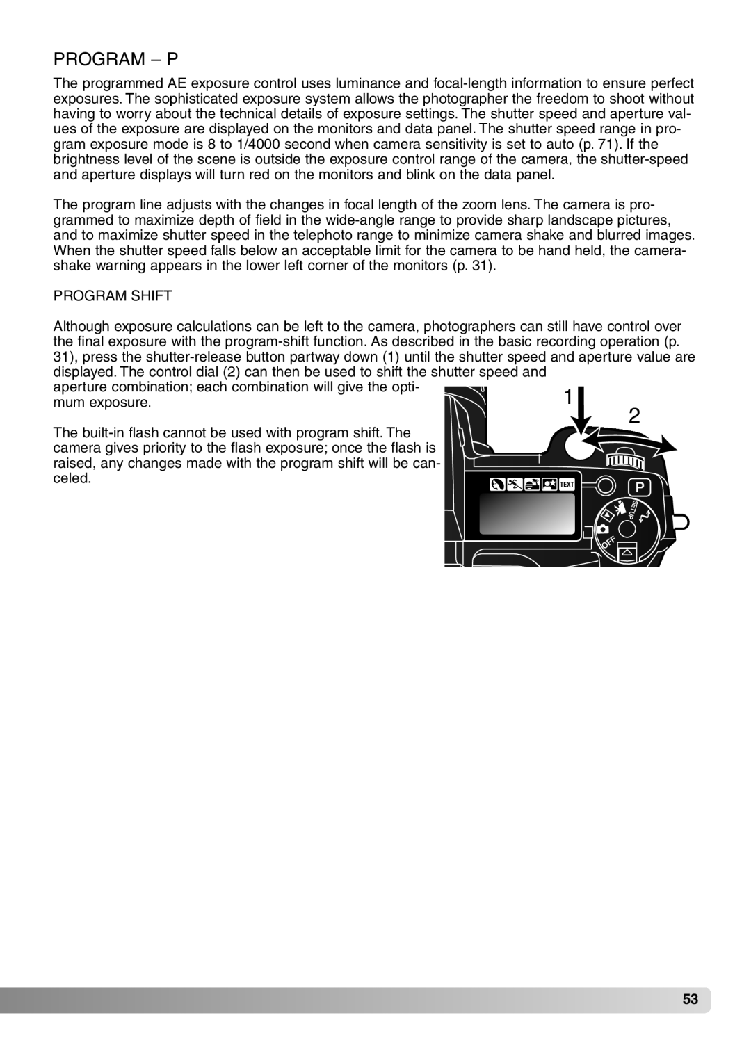 Konica Minolta 7Hi instruction manual Program P, Program Shift 