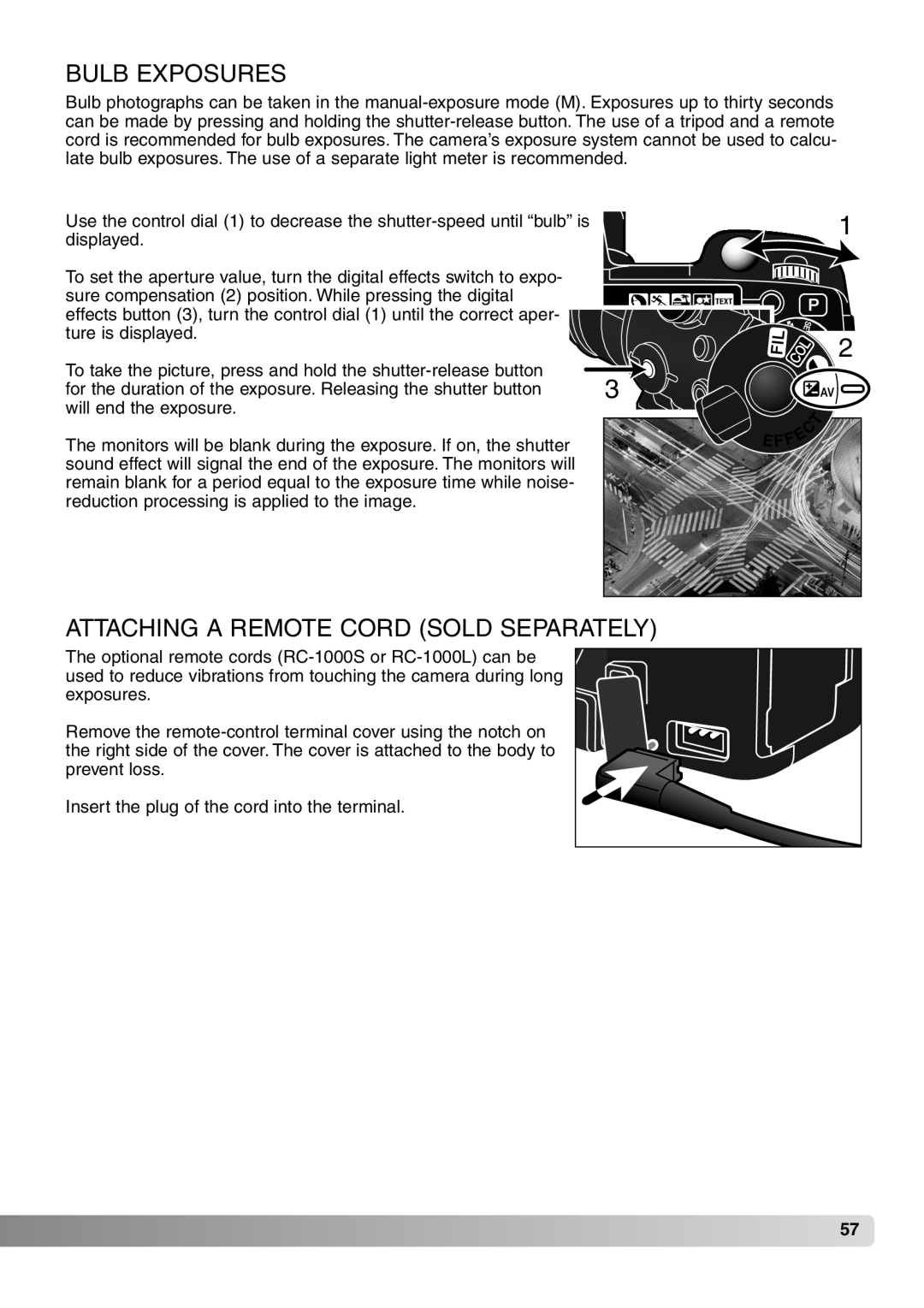 Konica Minolta 7Hi instruction manual Bulb Exposures, Attaching a Remote Cord Sold Separately 