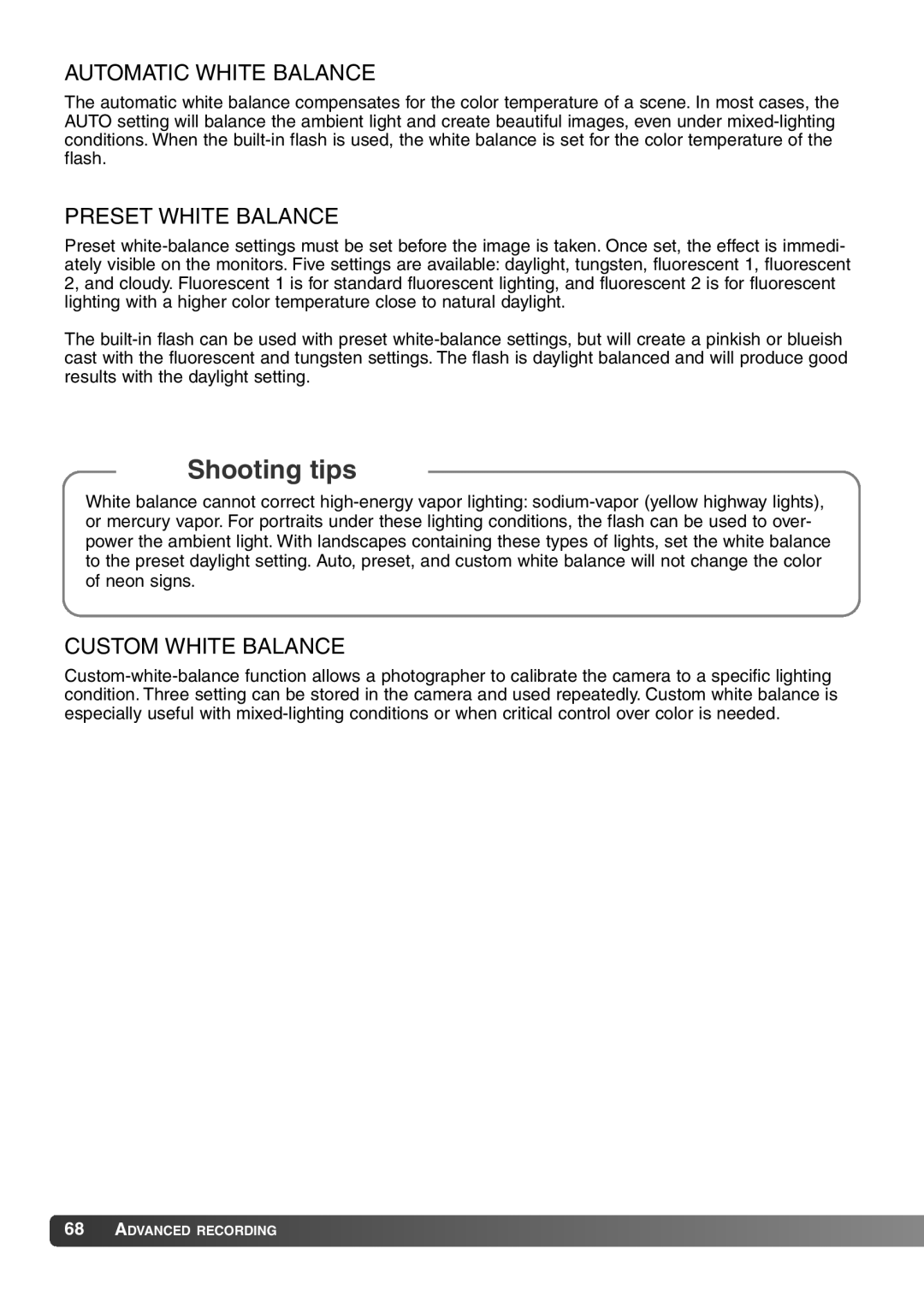 Konica Minolta 7Hi instruction manual Automatic White Balance, Preset White Balance, Custom White Balance 