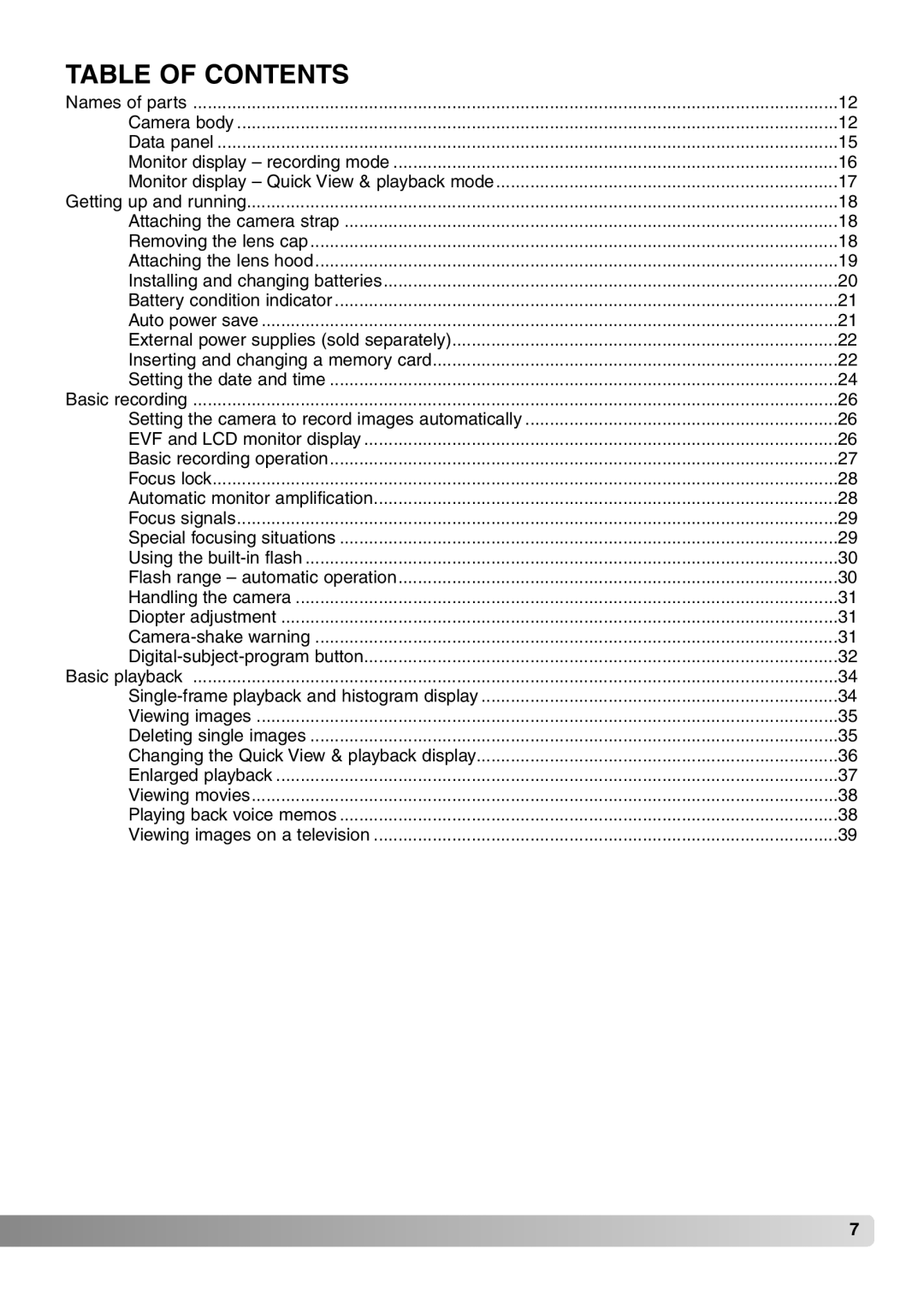 Konica Minolta 7Hi instruction manual Table of Contents 