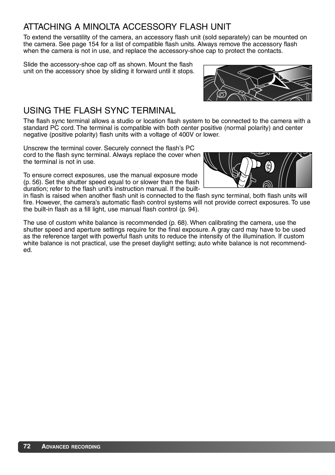 Konica Minolta 7Hi instruction manual Attaching a Minolta Accessory Flash Unit, Using the Flash Sync Terminal 