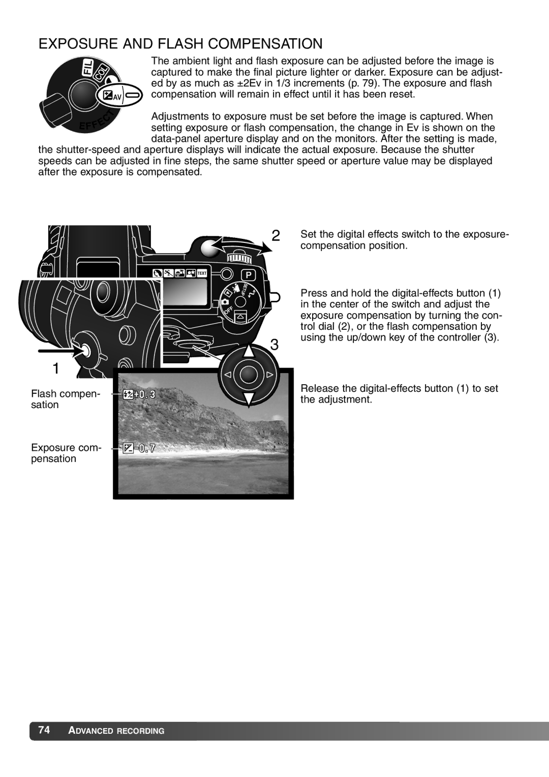 Konica Minolta 7Hi instruction manual Exposure and Flash Compensation 