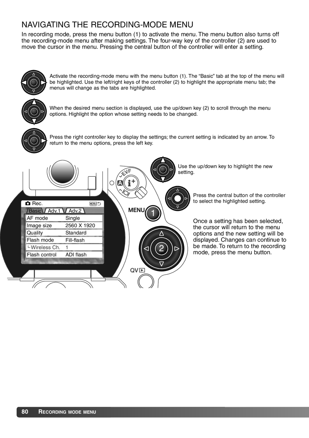 Konica Minolta 7Hi instruction manual Navigating the RECORDING-MODE Menu, Options and the new setting will be 