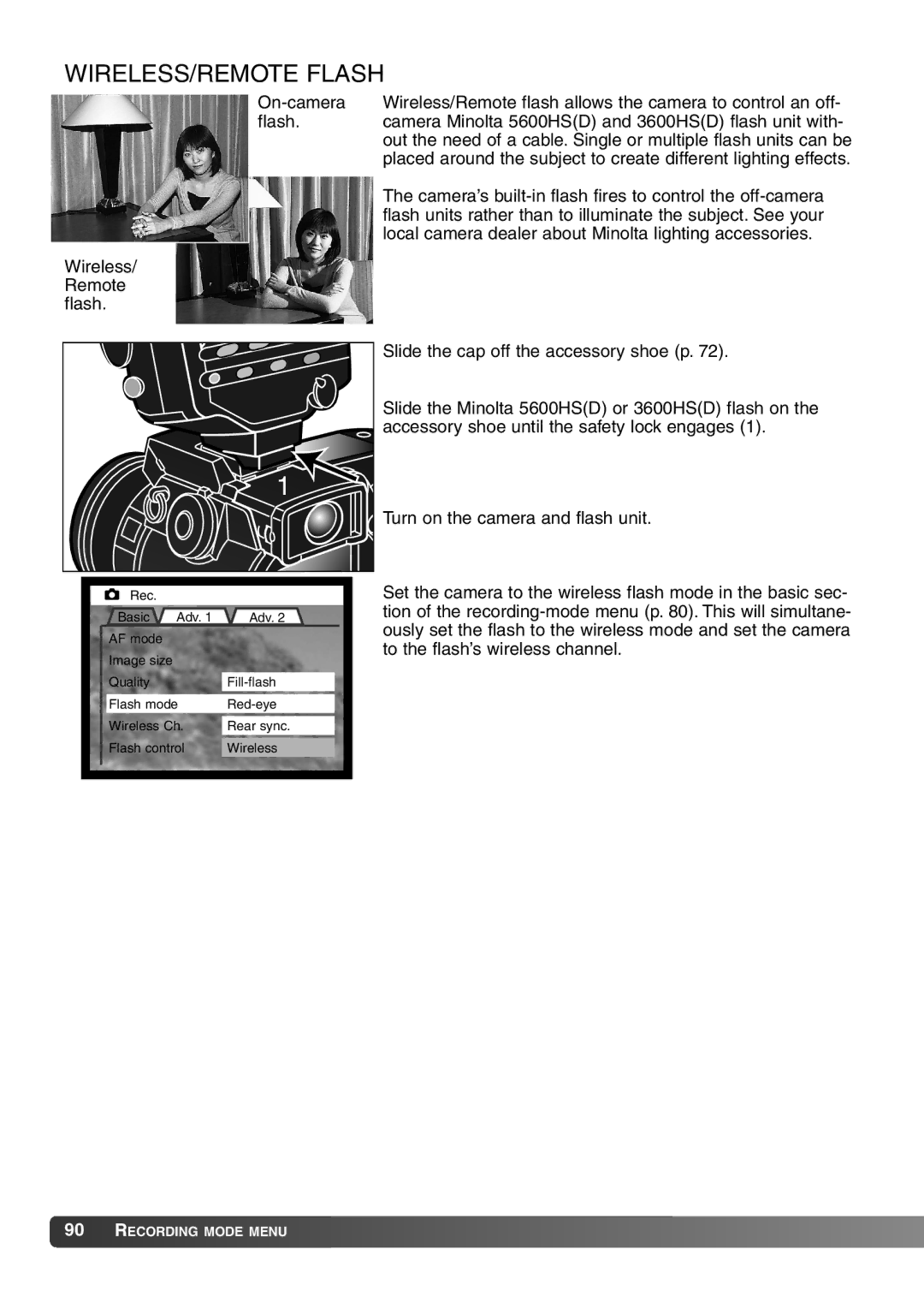 Konica Minolta 7Hi instruction manual WIRELESS/REMOTE Flash, On-camera flash Wireless Remote Flash 