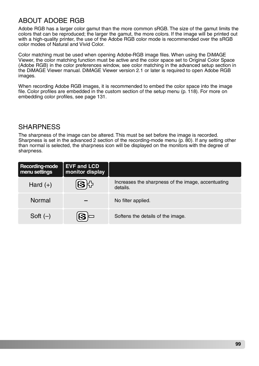 Konica Minolta 7Hi instruction manual About Adobe RGB, Sharpness 