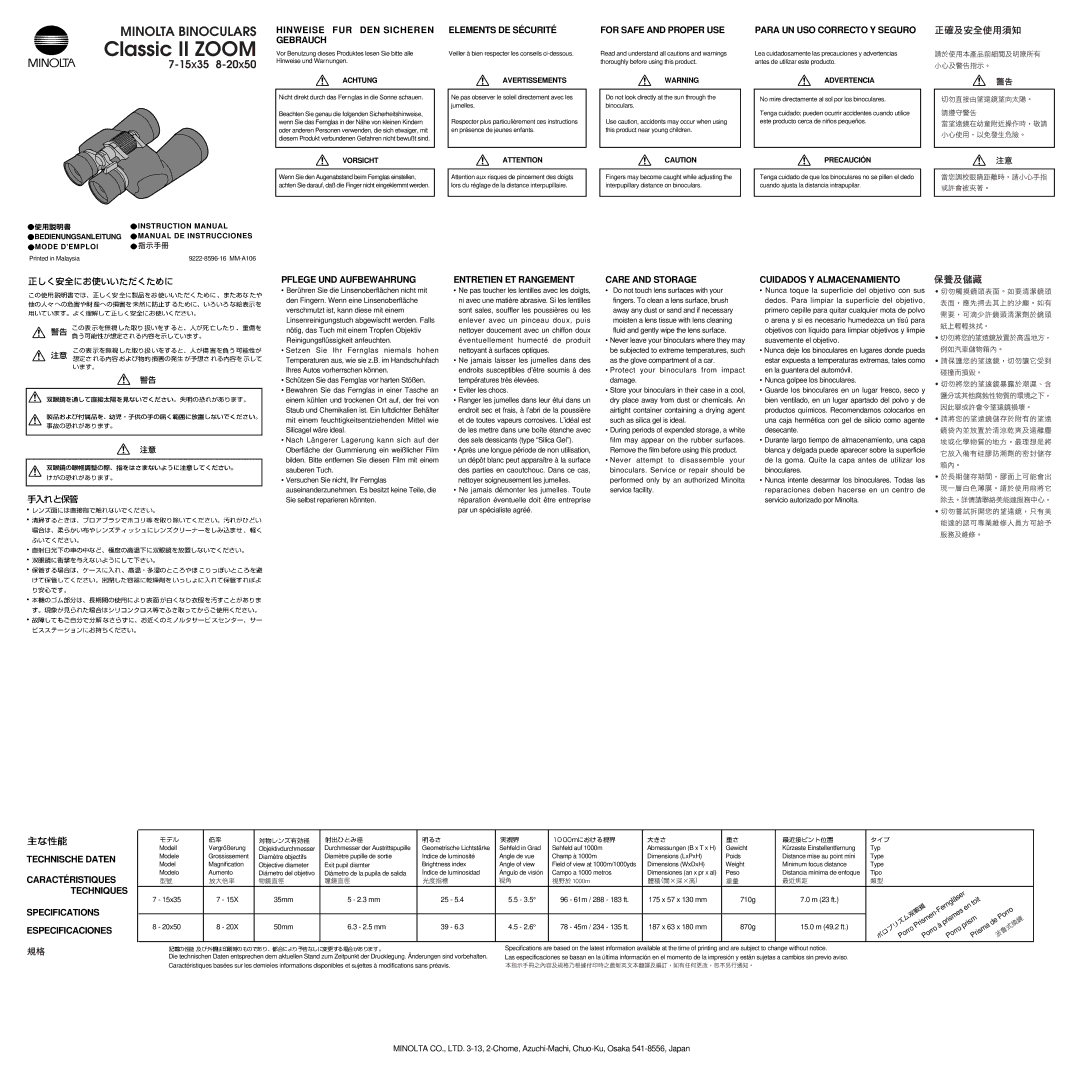 Konica Minolta 7-15x35 specifications Hinweise FUR DEN Sicheren Elements DE Sécurité Gebrauch, For Safe and Proper USE 