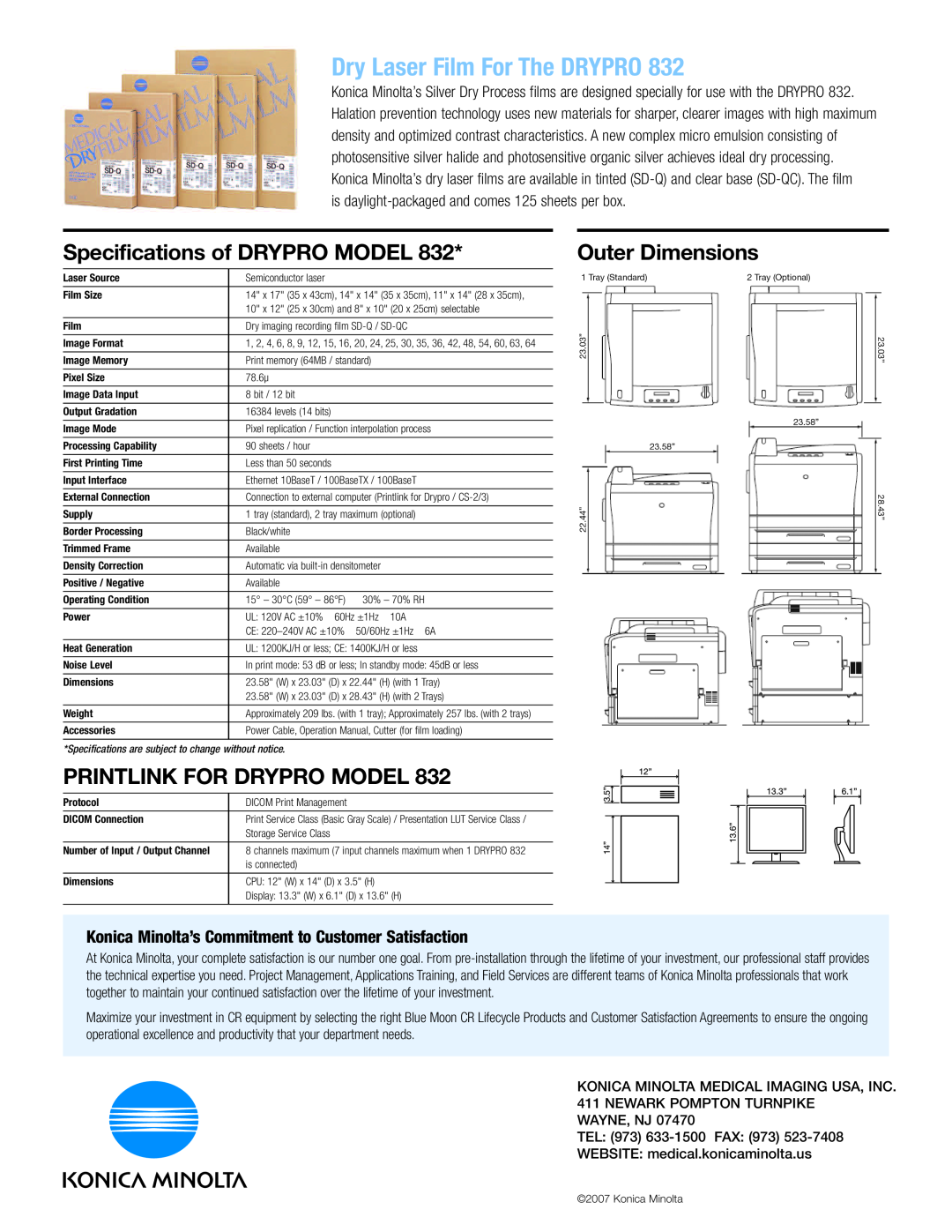 Konica Minolta 832 manual Dry Laser Film For The DRYPRO, Specifications of DRYPRO MODEL, Printlink For Drypro Model 