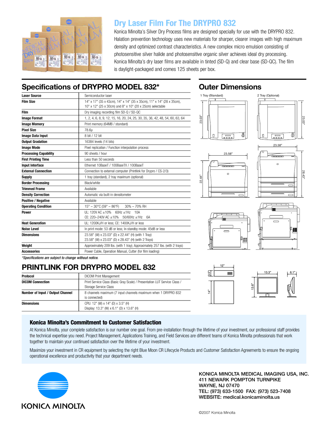 Konica Minolta 832 manual Dry Laser Film For The Drypro, Specifications of Drypro Model 