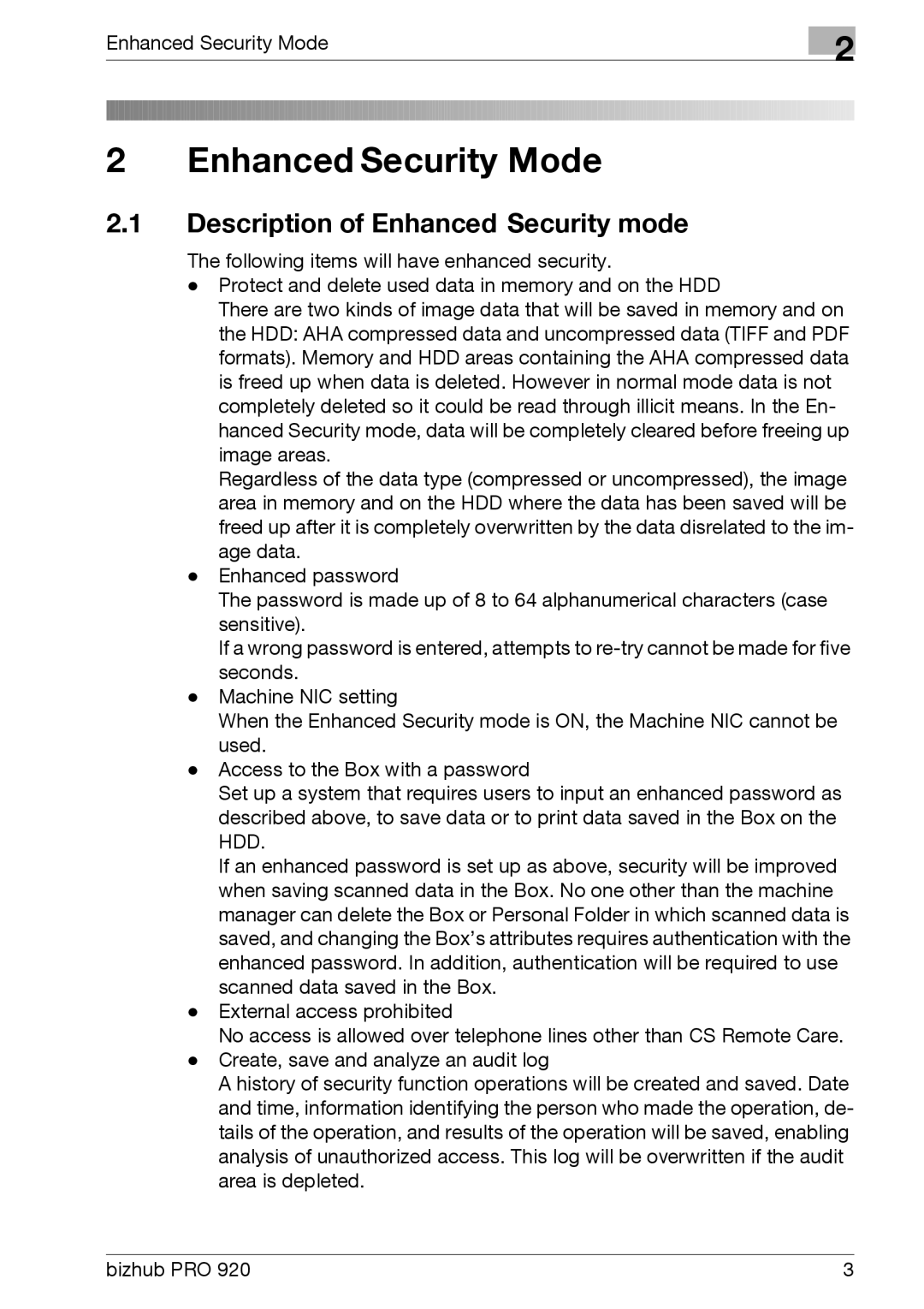 Konica Minolta 920 manual Enhanced Security Mode, Description of Enhanced Security mode 