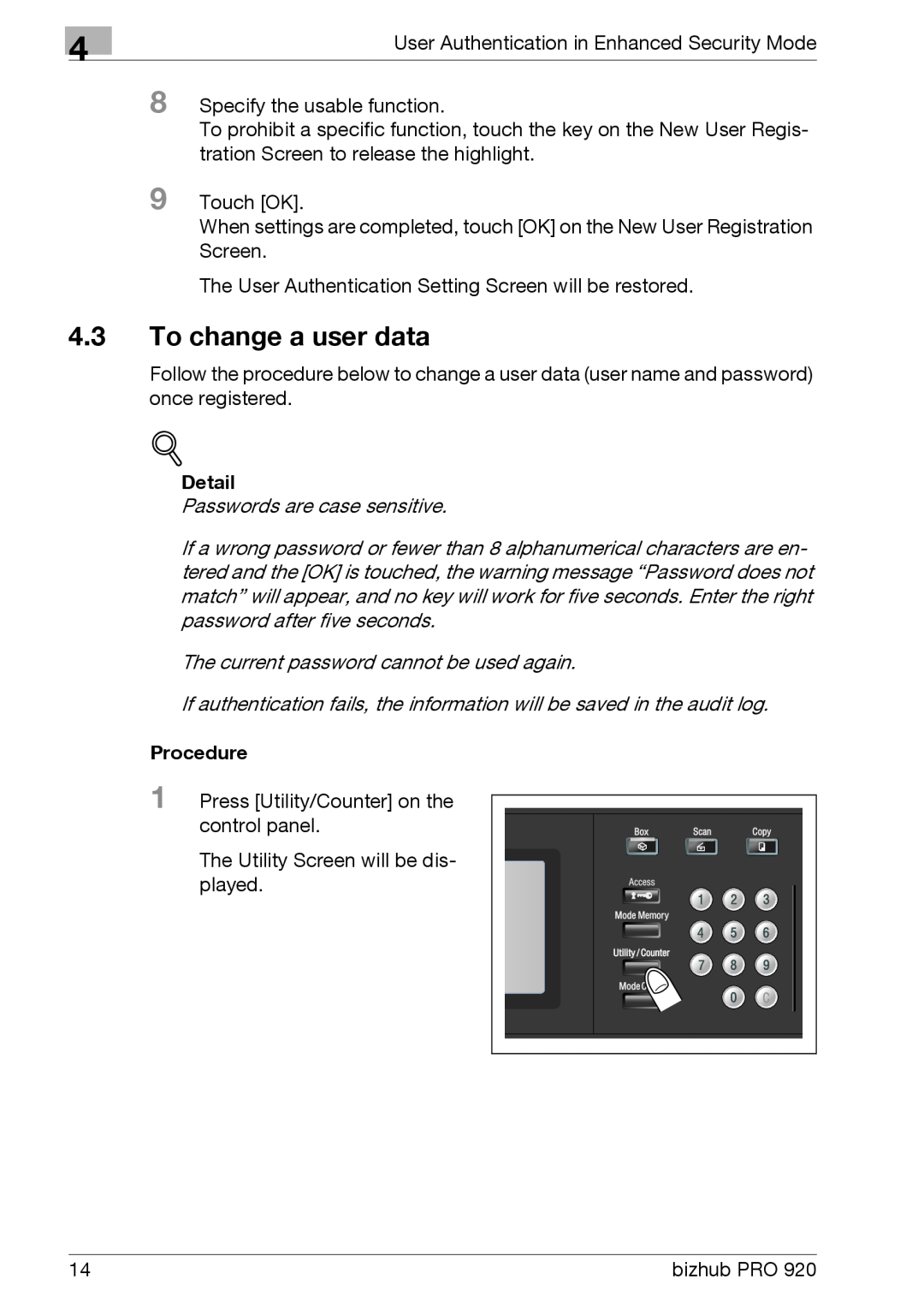Konica Minolta 920 manual To change a user data, Detail, Procedure 