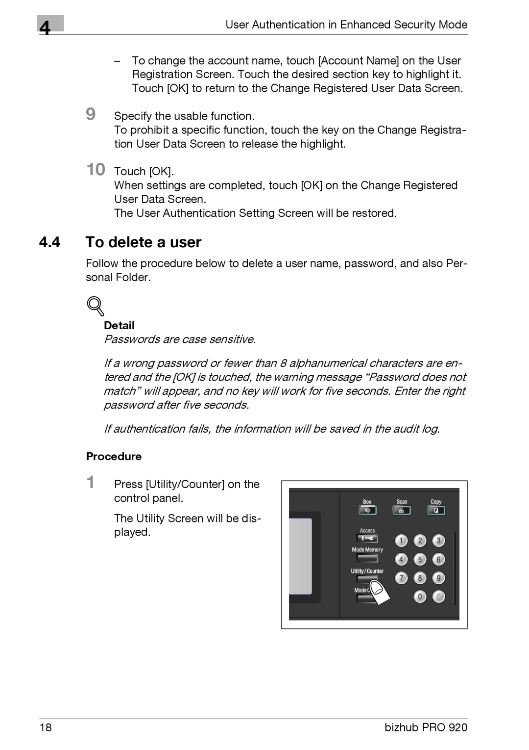 Konica Minolta 920 manual To delete a user, Detail, Procedure 
