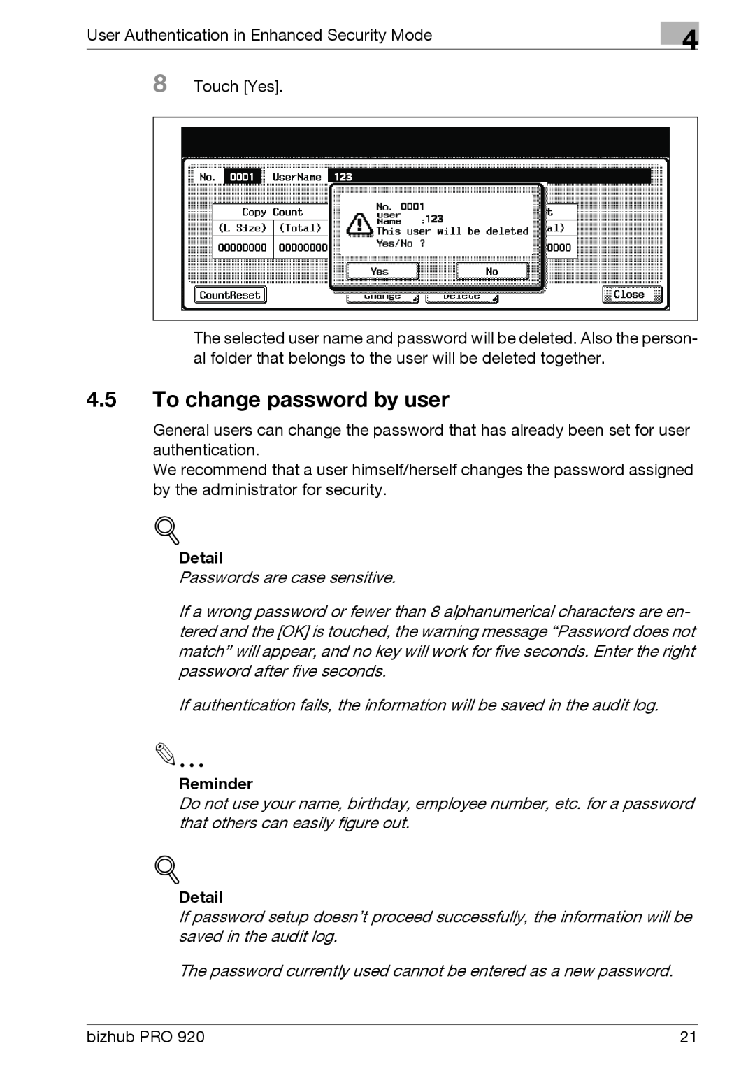 Konica Minolta 920 manual To change password by user, Detail, Reminder 