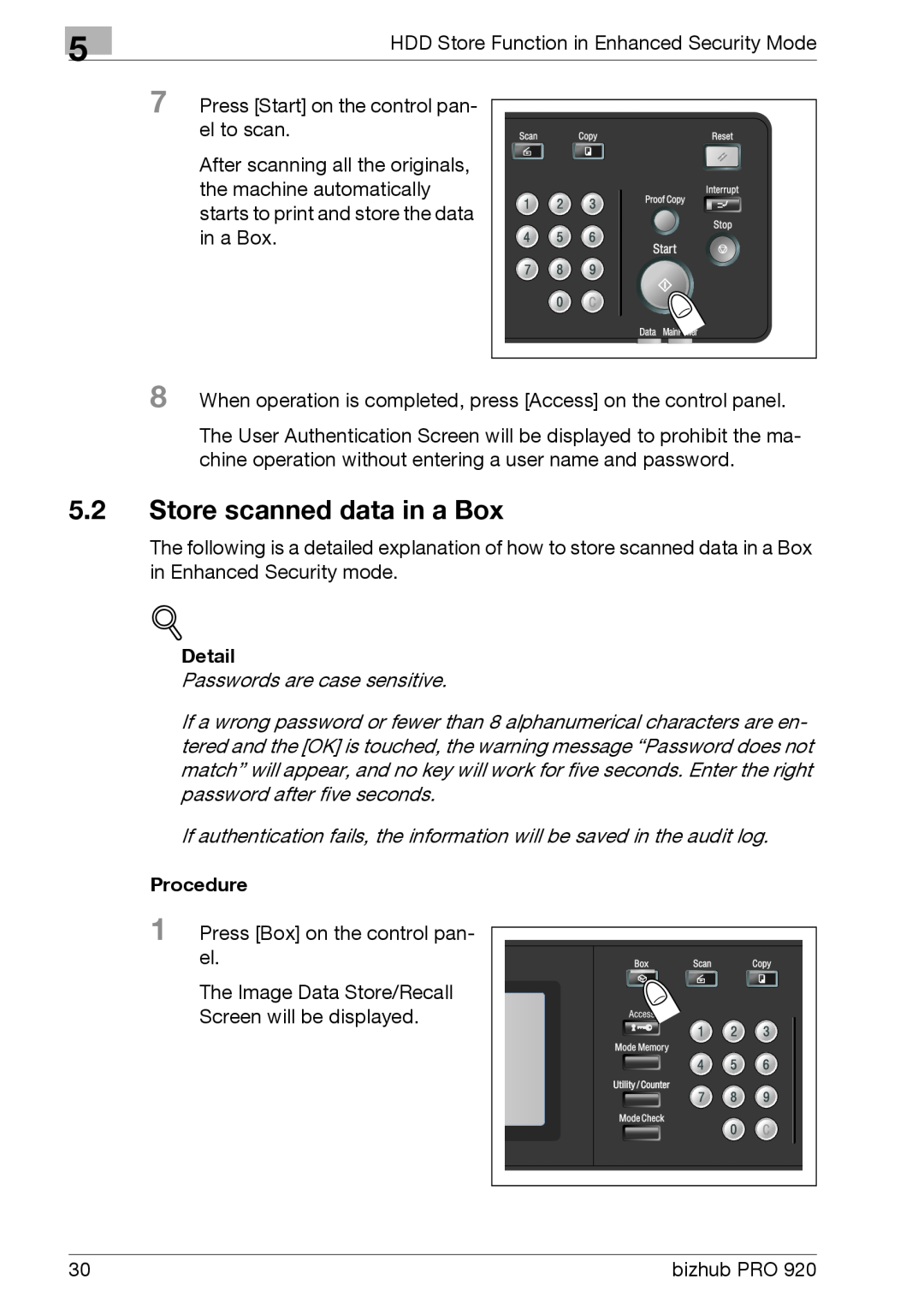 Konica Minolta 920 manual Store scanned data in a Box, Detail, Procedure 