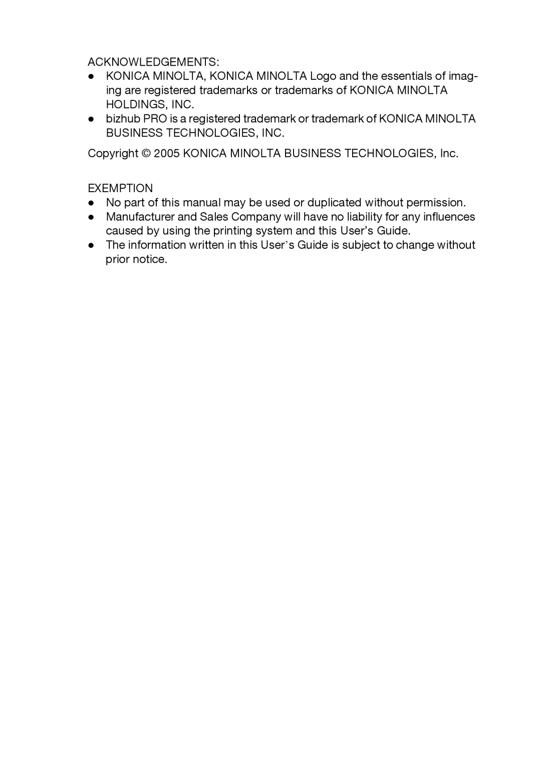 Konica Minolta 920 manual Acknowledgements, Copyright 2005 KONICA MINOLTA BUSINESS TECHNOLOGIES, Inc EXEMPTION 