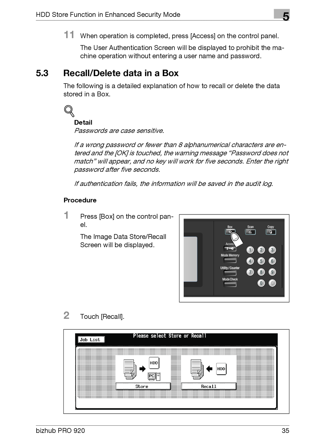 Konica Minolta 920 manual Recall/Delete data in a Box, Detail, Procedure 