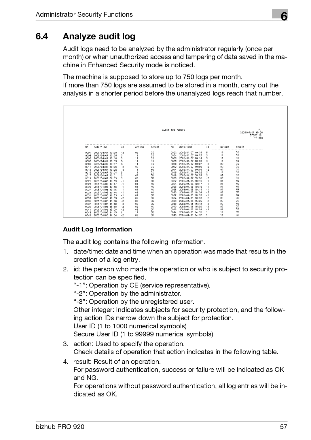 Konica Minolta 920 manual Analyze audit log, Audit Log Information 
