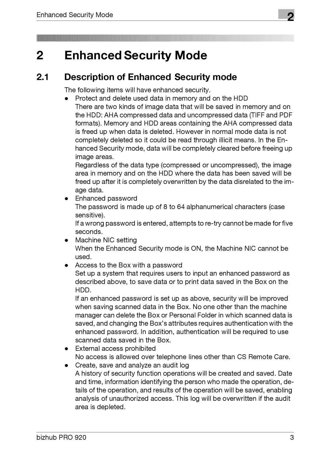 Konica Minolta 920 manual Enhanced Security Mode, Description of Enhanced Security mode 