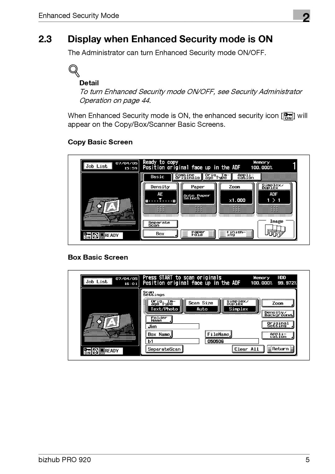 Konica Minolta 920 manual Display when Enhanced Security mode is on, Detail, Copy Basic Screen Box Basic Screen 