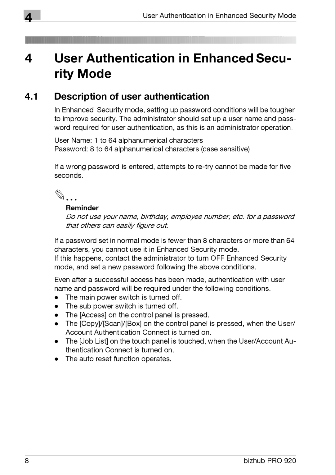 Konica Minolta 920 manual User Authentication in Enhanced Secu- rity Mode, Description of user authentication, Reminder 